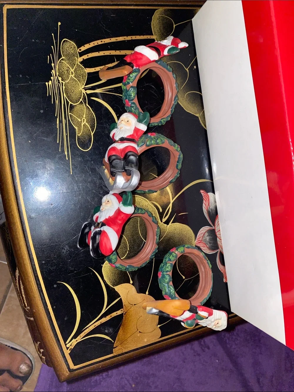 Vintage Studio Nova Set of 4 Santa Skiing Napkin Rings